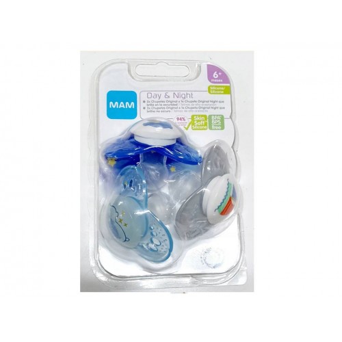 MAM CHUPETE SILICONA DAY & NIGHT 6+M 3NIDADES 2 AZULES+ 1 GRIS