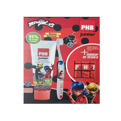 PHB JUNIOR. Gel dentifrico SABOR TROPICAL + Cepillo dental. LADYBUG. REGALO CUBO RUBIKUP. 95% de origen natural